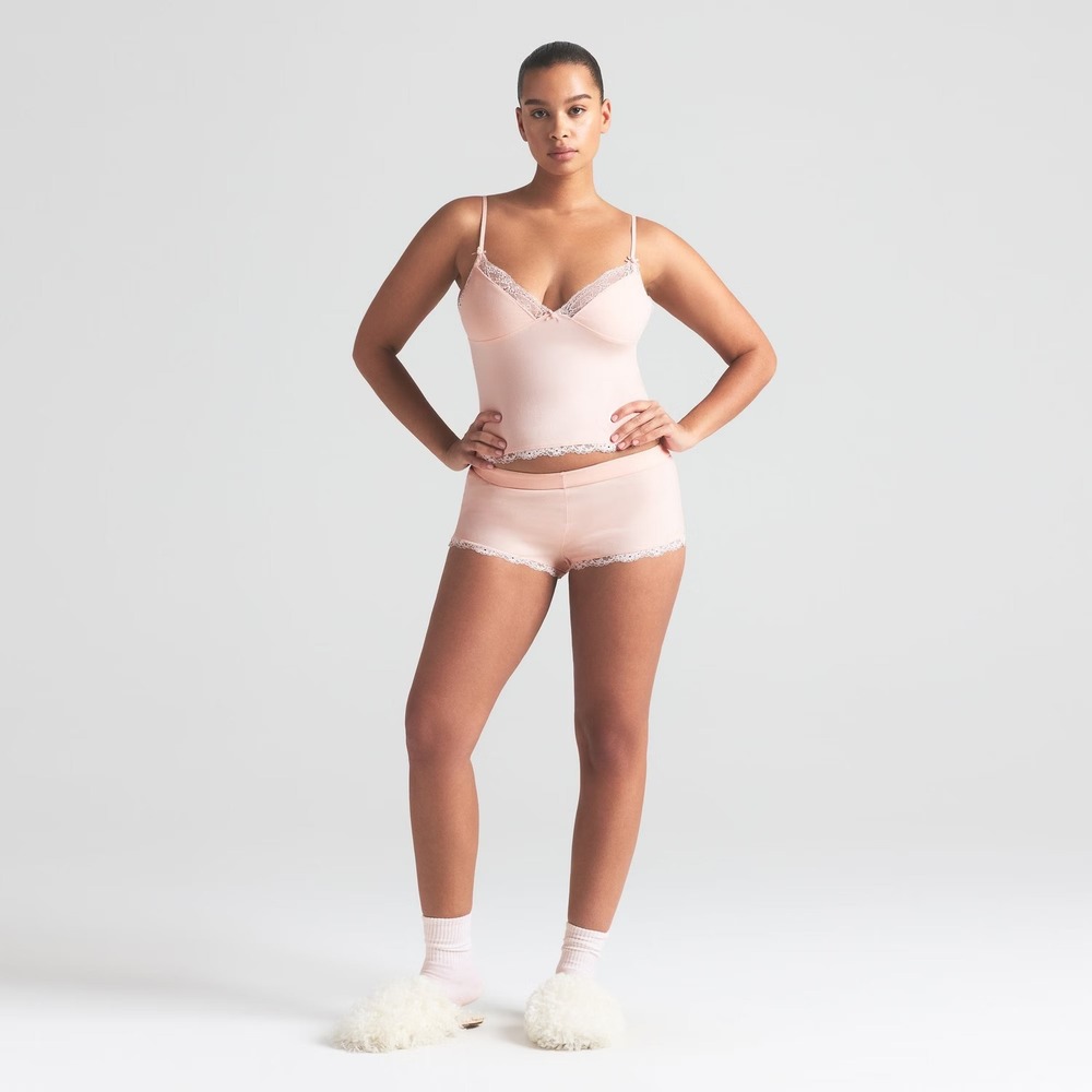 skims cotton lace triangle cami and boxer setColor primrose